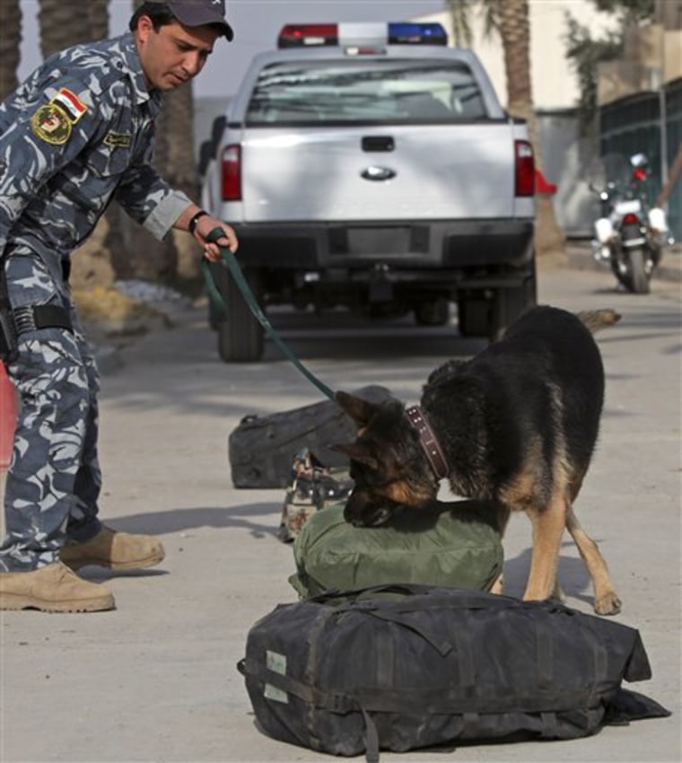 A bomb-sniffing dog trains at the police college in Baghdad, Iraq, on Wednesday.